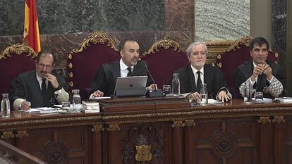 Los jueces Andrés Martínez Arrieta, Manuel Marchena, Juan Ramón Berdugo y Antonio del Moral durante la vigésima jornada del juicio del 'procés'.