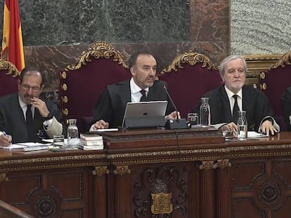 Los jueces Andrés Martínez Arrieta, Manuel Marchena, Juan Ramón Berdugo y Antonio del Moral durante la vigésima jornada del juicio del 'procés'.