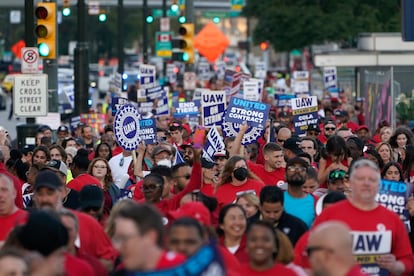 United Auto Workers members march through downtown Detroit, Friday, Sept. 15, 2023.