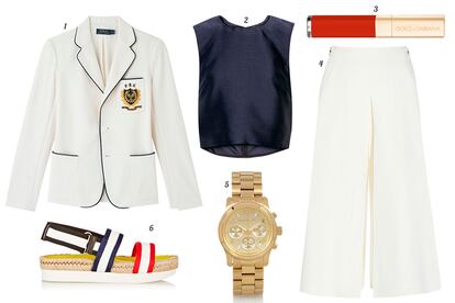 1. Polo Ralph Lauren Blazer bicolor con parche bordado. 2. Adam Lippes Top de seda. 3. Dolce & Gabbana Beauty Lipgloss. 4. Temperley London Culotte de pata ancha. 5. Michael Kors Crono dorado. 6. Flamingos Sandalia de esparto.