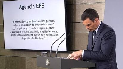 Pedro Sánchez, durante una rueda de prensa telemática.