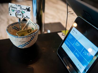 A payment device at a coffee shop in the Union Market district in Washington, USA.