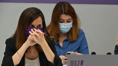 La secretaria general de Podemos, Ione Belarra, este viernes en la sede del partido.