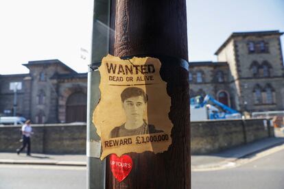 A wanted sign featuring an image of Daniel Abed Khalife, a former soldier who is suspected of terrorism offences, is displayed, near Wandsworth prison which he escaped from, in London, Britain, September 7, 2023.