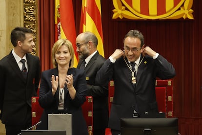 El exconseller y diputado de Junts, Josep Rull, tras ser elegido este lunes como nuevo presidente del Parlament.