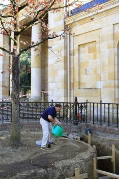 El ingeniero técnico agrícola Kepa Txarterina realiza un riego con nutrientes en el árbol de Gernika.