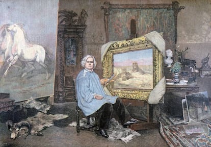 'Rosa Bonheur en su estudio', 1893. Ilustración aparecida en 1893 en 'Le Petit Journal'. La pasió de la artista por los animales los convirtió en protagonistas de su obra, junto con el realismo perfeccionista. De joven, iba al matadero y los diseccionaba para ver cómo funcinoaban los músculos, que luego retrataba con precisión miguelangelesca. |