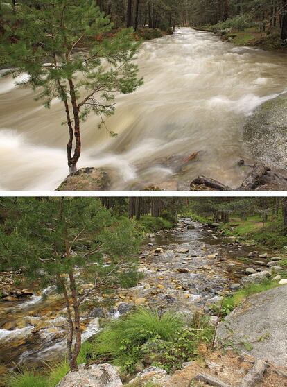 Vertiente segoviana. Arriba, río Eresma crecido por el deshielo en marzo de 2014. Abajo, la misma zona fotografiada en mayo de 2014.
