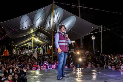 Delfina Gómez, durante su cierre de campaña en Texcoco.