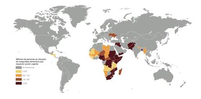 Mapa del mundo con los millones de personas que sufren una crisis o emergencia de seguridad alimentaria.