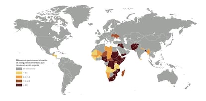 Mapa del mundo con los millones de personas que sufren una crisis o emergencia de seguridad alimentaria.