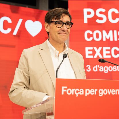 The first secretary of the PSC, Salvador Illa, is intervening in the Executive Commission at the party headquarters to evaluate the agreement with ERC that will invest him as president of the Generalitat de Catalunya, in Barcelona, Spain, on August 3, 2024. (Photo by Marc Asensio/NurPhoto via Getty Images)