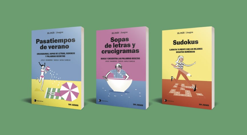 Imagen de los tres libros de pasatiempos de EL PAÍS.