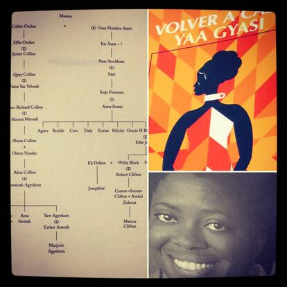 El árbol genealógico de las hijas de Maame en Ghana (África) a través de tres siglos. Portada de la novela 'Volver a casa' y foto de la autora.