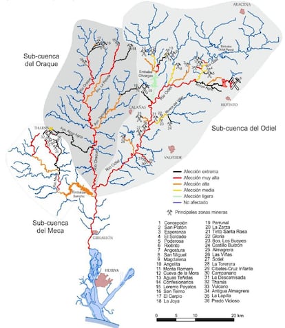 Mapa de las minas en la cuenca del río Odiel. /CEDEX