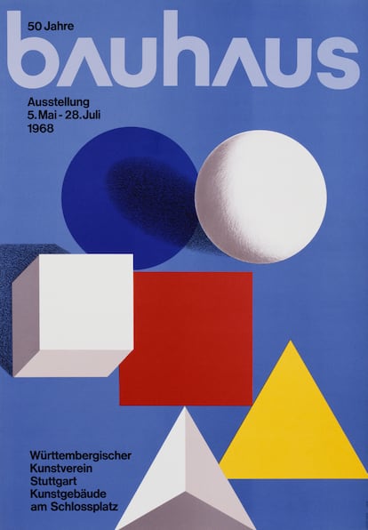 A commemorative poster for the 50th anniversary of the Bauhaus in 1969, by Herbert Bayer. The German designer and typographer created propaganda posters for the Nazis before going into exile in the United States in 1938.