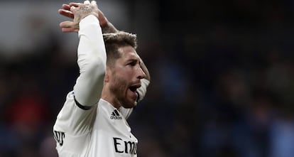 Ramos celebra su gol de penalti al Leganés.