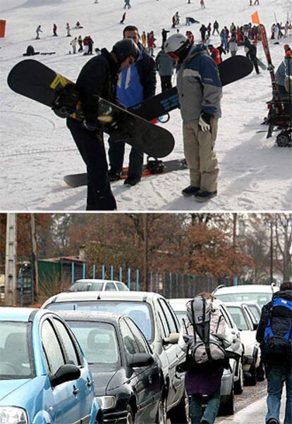 Esquiadores en las pistas de Baqueira Beret (arriba) y accesos al aeropuerto de Girona.