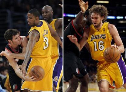 Rudy Fernández intenta dar un pase ante la oposición de Ariza y Odom. A la derecha, Gasol entra a canasta superando el marcaje de Oden.
/ ap