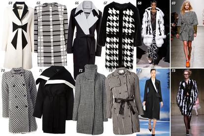 BLANCO & NEGRO, UNA PAREJA CON ESTRELLA.

64. Love Moschino Con detalle de lazo en la cintura. 65. Mango Sin cuello con print de cuadros. 66. Bimba & Lola Estilo trench. 67. Liska De pelo con print de pata de gallo y mangas lisas. 68. Tom Ford. 69. Karen Walker. 70. Etro Estampado con doble botonadura. 71. Joseph Con solapas XL y cinturón. 72. Femme by Michele Rossi Con print de pata de gallo y cuello chimenea. 73. Lucy Paris Con print de rayas y cinturón de piel. 74. Dior. 75. Fashion East.