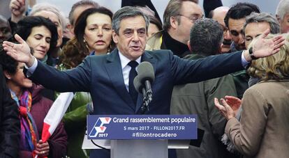 El candidato presidencial François Fillon en un momento de su discurso el pasado 5 de marzo, en París.