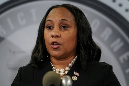 Fulton County District Attorney Fani Willis speaks to the media after a Grand Jury brought back indictments against former President Donald Trump and 18 of his allies in their attempt to overturn the state's 2020 election results, in Atlanta, Georgia, U.S. August 14, 2023.