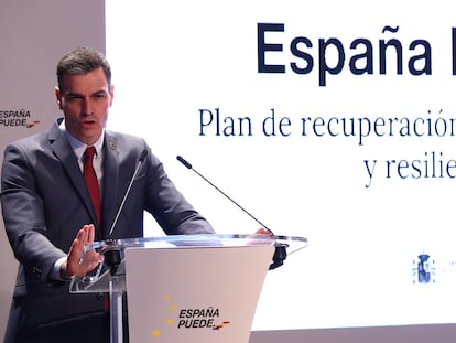 El presidente del Gobierno durante una presentación del plan de recuperación, en febrero.