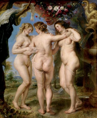 'Las tres Gracias' (1635), de Rubens. Según el Modelo Estándar de Partículas, los quarks se juntan de tres en tres unidos muy fuertemente y pueden ser de diferentes colores. “En el cuadro de Rubens las tres Gracias tienen diferentes colores de cabellos, son tres y bailan muy unidas, por leves gasas, que serían lo gluones”, dice De la Fuente. Las tres Gracias podrían ser tres quarks formando un protón.