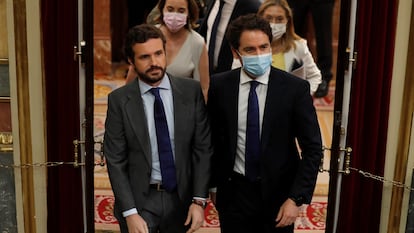 El líder del Partido Popular, Pablo Casado, y el diputado popular Teodoro García Egea, en el Congreso de los Diputados, el pasado junio.