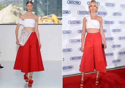 Karolina Kurkova también ha caído rendida a los encantos de la marca en más de una ocasión. Esta es una de sus elecciones más acertadas: top blanco y pantalones culotte con extra de volumen primavera-verano 2015, una de las colecciones que más ha convencido a las celebrities internacionales.