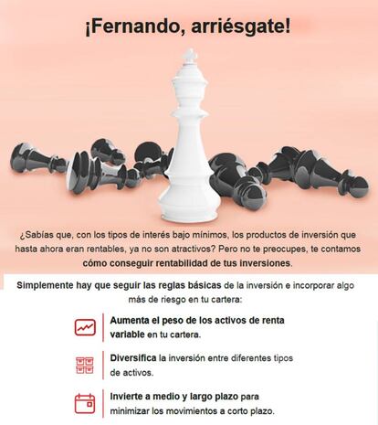 Imagen del correo personalizado por Santander enviado a algunos clientes. 