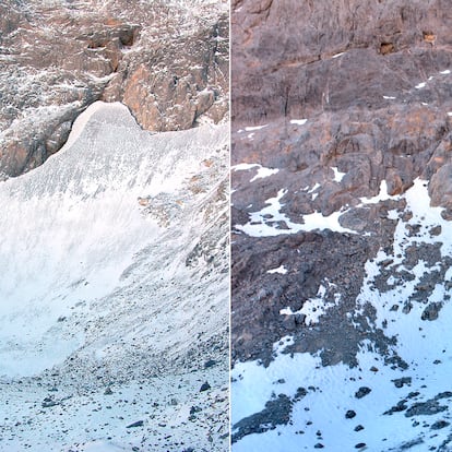 Glaciar leonés Trasllambrión en 2007 y en 2025