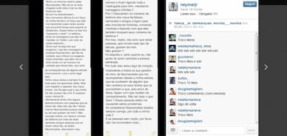 Carta de Neymar en Instagram en la que pide que le dejen de &quot;molestar&quot;.