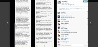 Carta de Neymar en Instagram en la que pide que le dejen de "molestar".
