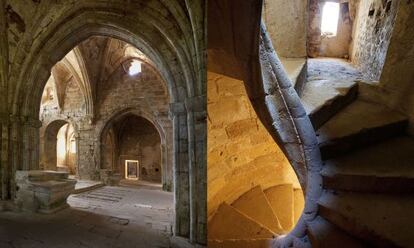 Un arco ojival y una escalera de caracol en el monasterio de Santa María de Rioseco, en la provincia de Burgos.