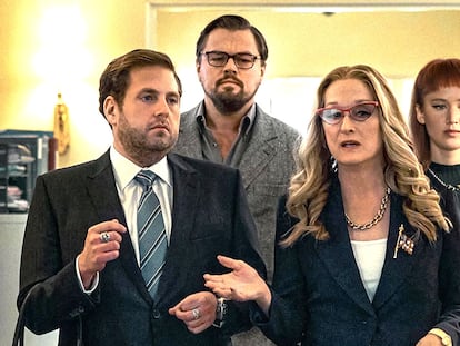 Jonah Hill, Leonardo DiCaprio, Meryl Streep y Jennifer Lawrence, en 'No mires arriba'.