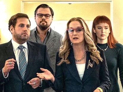 Jonah Hill, Leonardo DiCaprio, Meryl Streep y Jennifer Lawrence, en 'No mires arriba'.