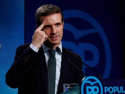 El presidente del PP, Pablo Casado, durante su comparecencia del lunes.