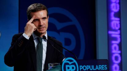 El presidente del PP, Pablo Casado, durante su comparecencia del lunes.