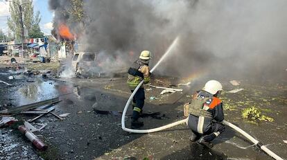 Emergency services work following an attack on the city of Kostiantynivka in eastern Ukraine, September 6, 2023.