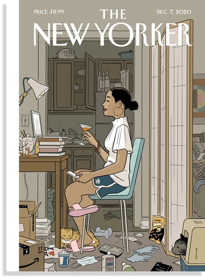 'The New Yorker' magazine's cover on December 7, 2020 featured Adrian Tomine's illustration of a woman at home on a videoconference, presenting a professional image from the waist up.