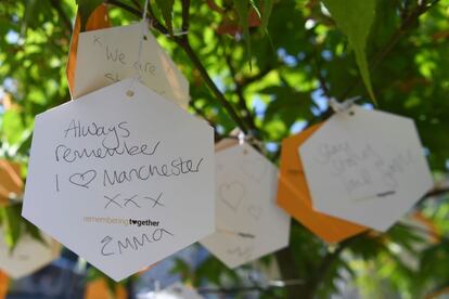 Mensajes de apoyo cuelgan del 'árbol de la esperanza', plantado como memorial en recuerdo a las 22 víctimas que perdieron la vida en el atentado de Manchester. 