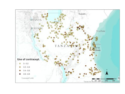 Mapa con datos sobre uso de contraceptivos por parte de las mujeres en Tanzania.