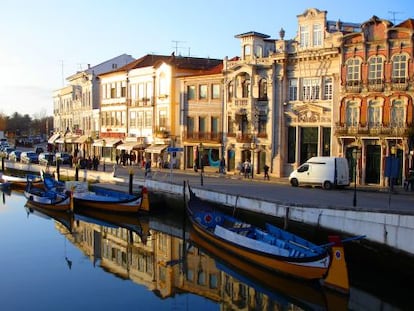 &#039;Moliceiros&#039;, las g&oacute;ndolas portuguesas, atracadas en uno de los canales de la ciudad costera de Aveiro. 