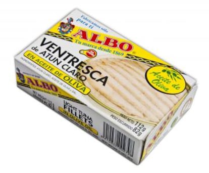 Una lata de ventresca de Atún claro en aceite de oliva de Albo.