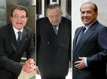 Desde la izquierda: Romano Prodi, presidente del Gobierno, 67 años; Giulio Andreotti, senador vitalicio, 88, y Silvio Berlusconi, líder de la oposición, 70. 
/ TEJEDERAS