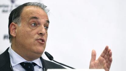 Tebas, durante su intervención en el desayuno de Europa Press.