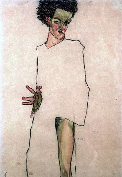 <i>Autorretrato, </i> 1910, acuarela y carboncillo de Egon Schiele.