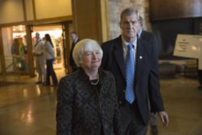 Janet Yellen, presidenta de la Reserva Federal de Estados Unidos, en el simposio anual de bancos centrales que se celebra en Jackson Hole. 