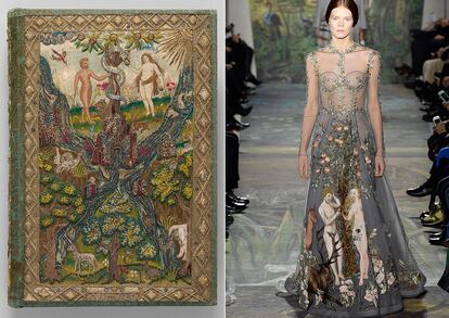 A la izquierda, Biblia británica de 1607. A la derecha, vestido de Valentino alta costura primavera-verano 2014.